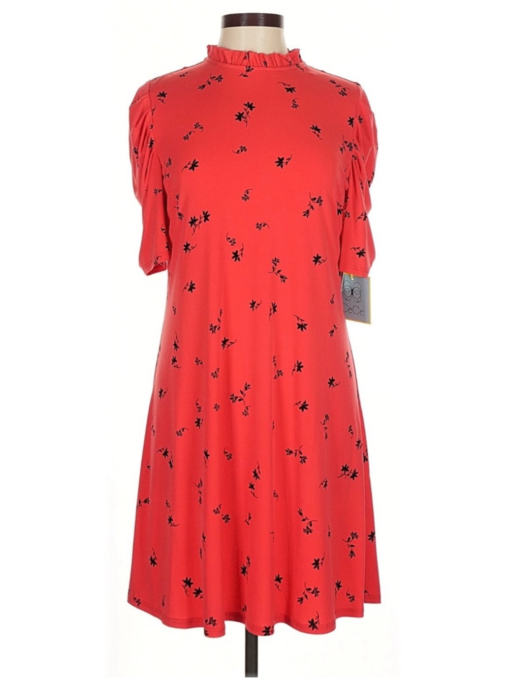CeCe Red Floral Ruffle Mock Neck Midi Dress Medium